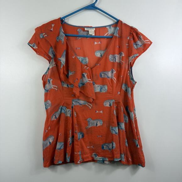 Anthropologie Meadow Rue Orange Dog Print Blouse 10P Ruffle Pleated Sheer Cotton - Picture 13 of 15